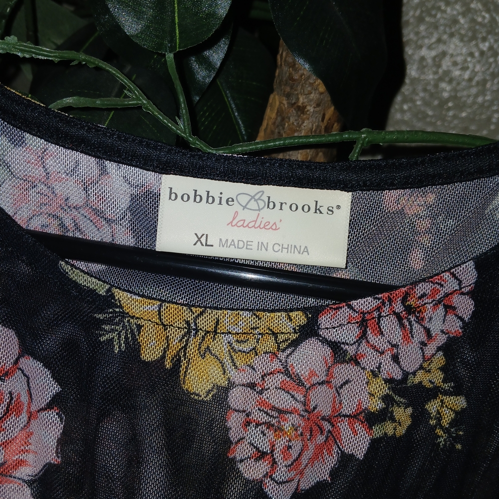 Bobbie Brooks Black Sheer Floral Mesh Top with Pink & Yellow Blooms